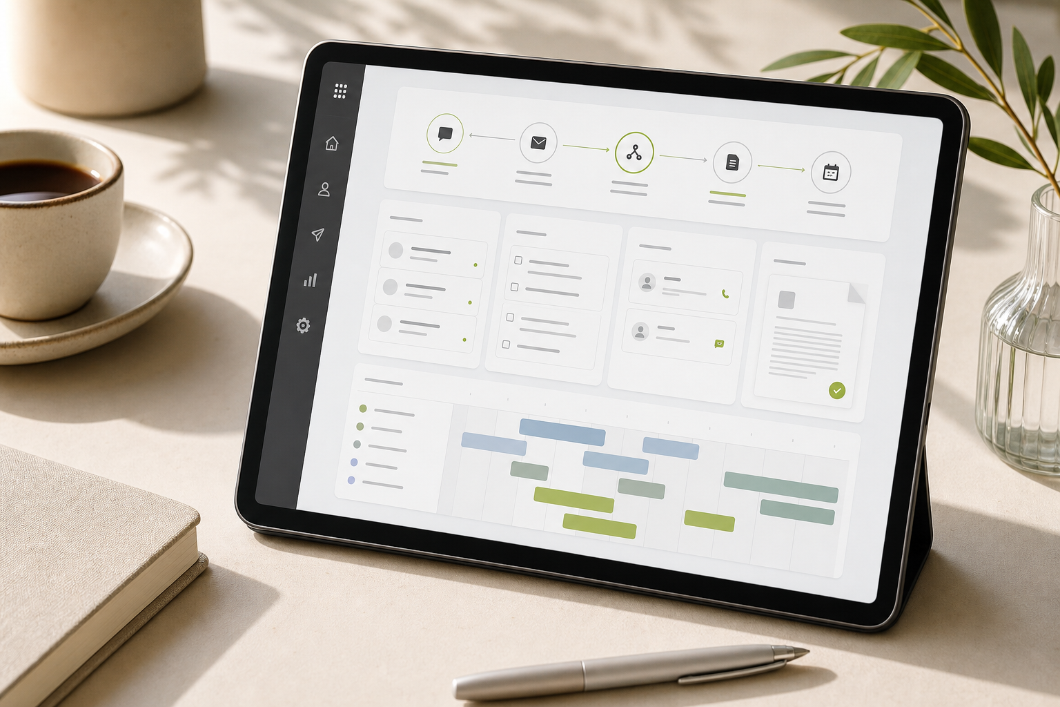 Tablet showing a light AI automation workflow interface on a warm desk