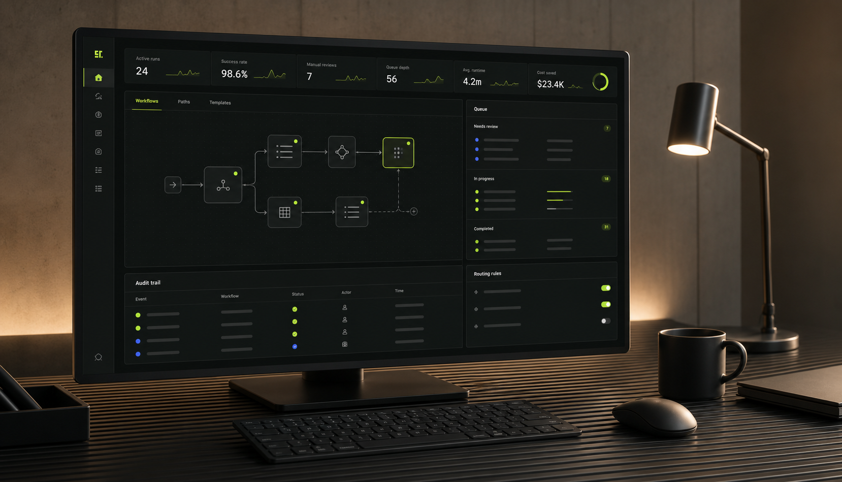 Dark AI operations dashboard showing workflow nodes, queue panels, metrics, and audit rows